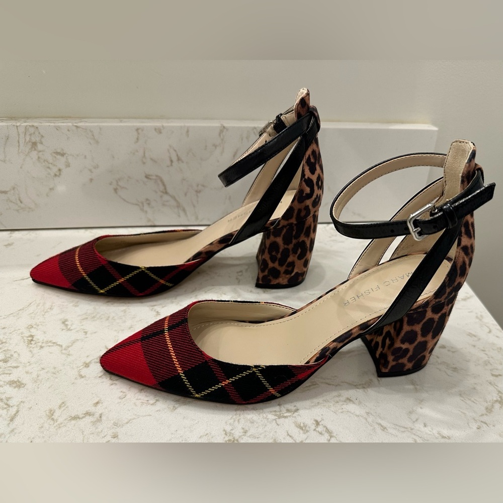 Marc Fisher Tartan Plaid Leopard Ankle Strap Block Heels 6 - Picture 8 of 12